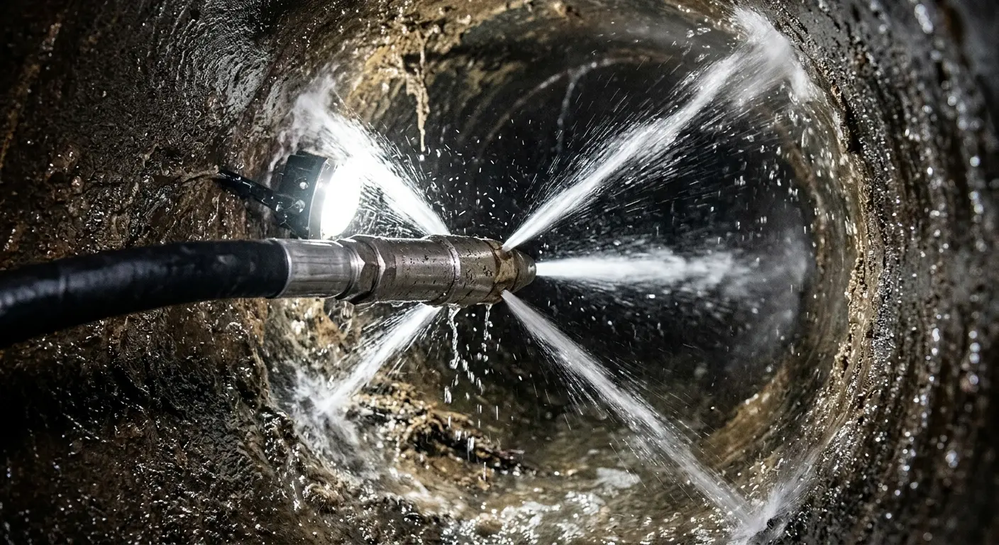 High-pressure hydro jetting nozzle cleaning sewer pipe for Emergency Drain Service in Red Bank