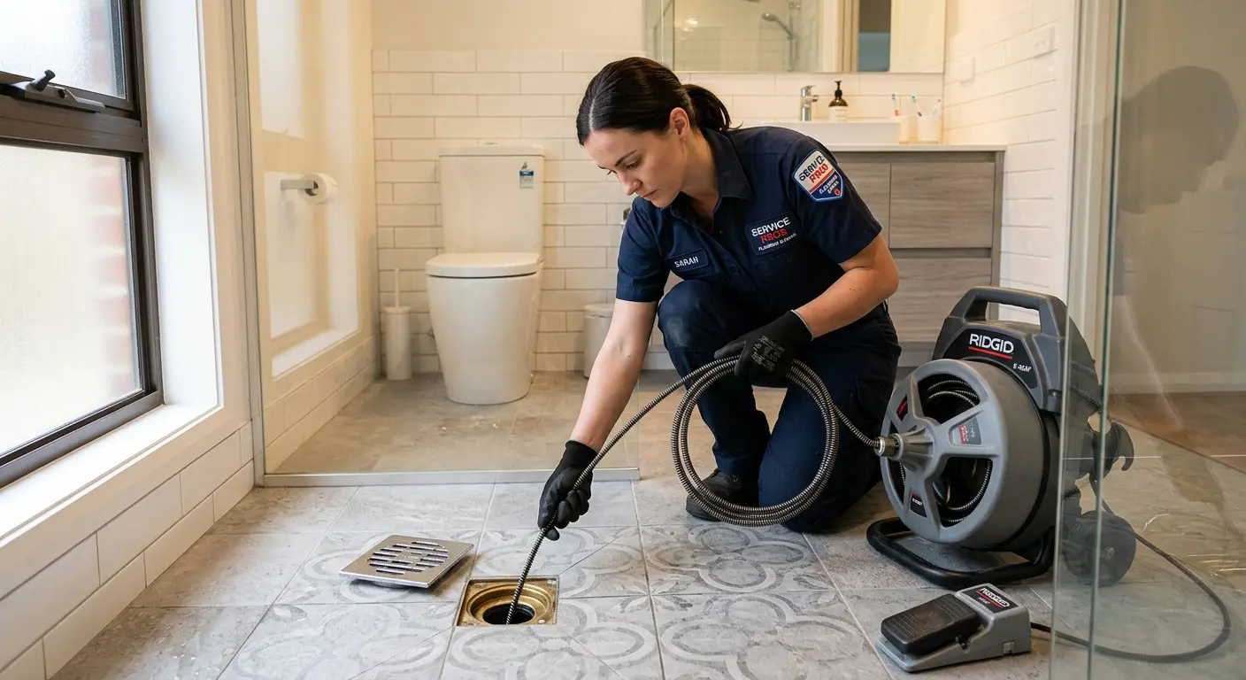 Technician clearing a bathroom floor drain for Hydro Jetting in Red Bank